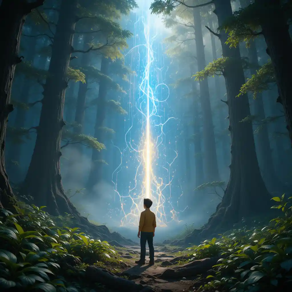 Man discovering a glowing light in a mystical forest