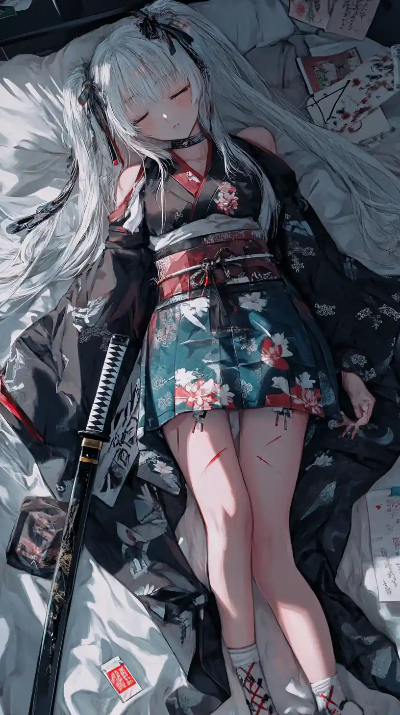 Girl resting on a bed with detailed layered clothing