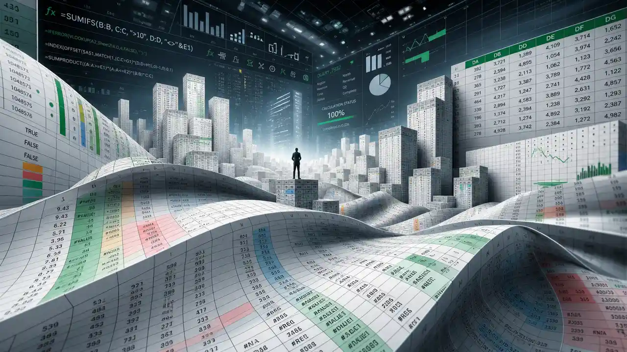 Vast spreadsheet landscape pulsing with synchronized data waves