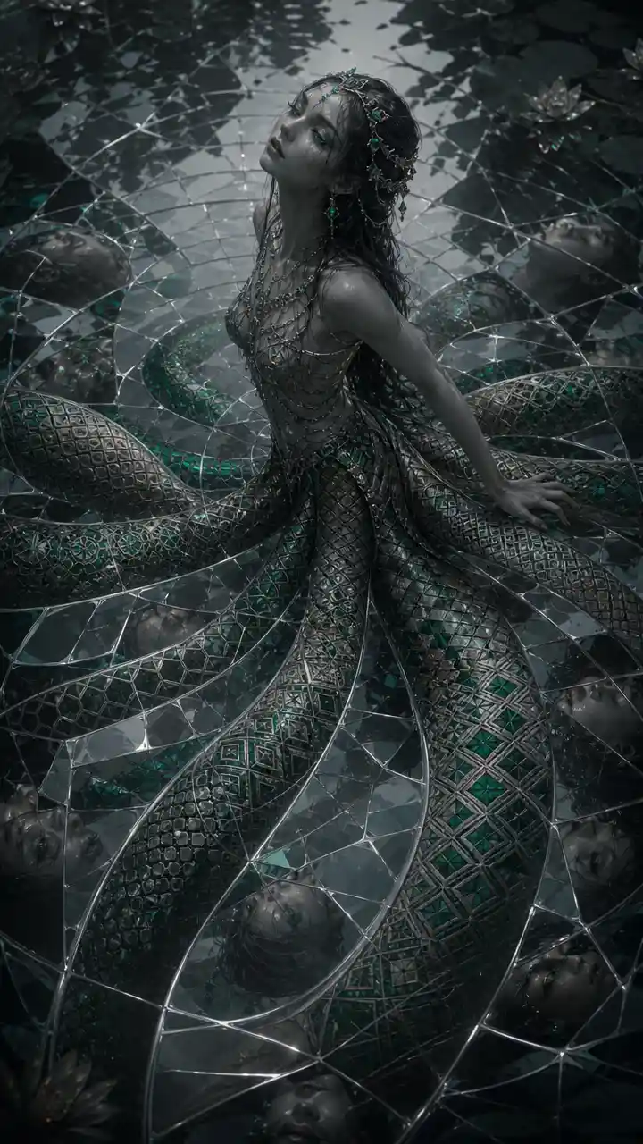 Water nymph with mirrored serpent tails on fractured water