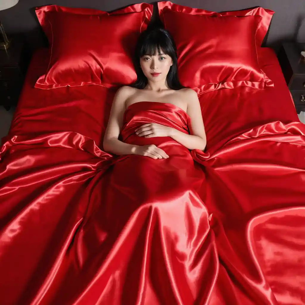 Japanese woman lying on red satin bed looking forward
