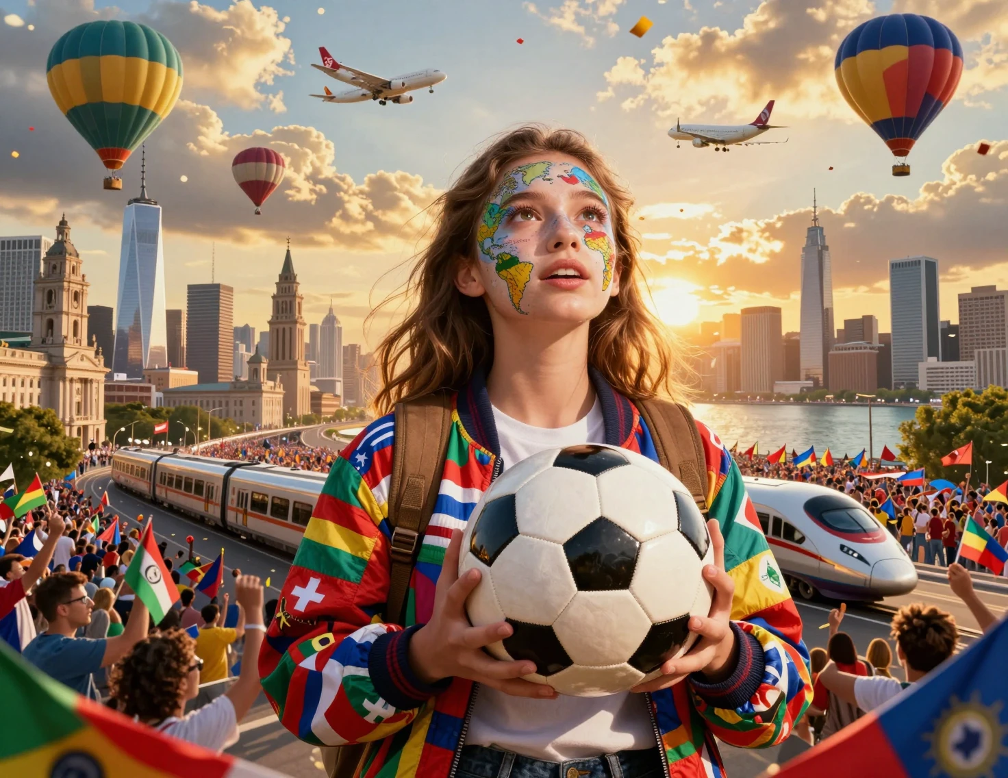 Young traveler with world map face paint holding soccer ball