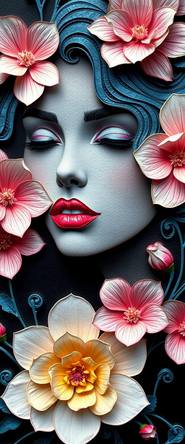 Pixel art floral woman portrait on black background
