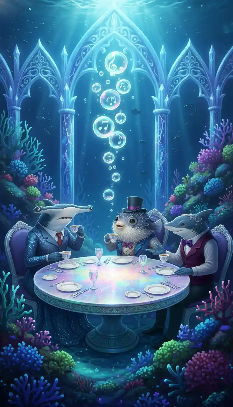 Underwater tea party with elegant anthropomorphic sea creatures