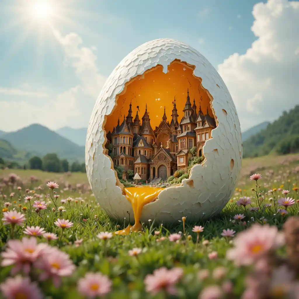 Giant fried egg landscape on a vibrant green meadow
