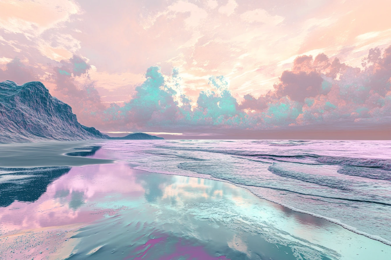 Surreal serene beachside in pastel metallic colors