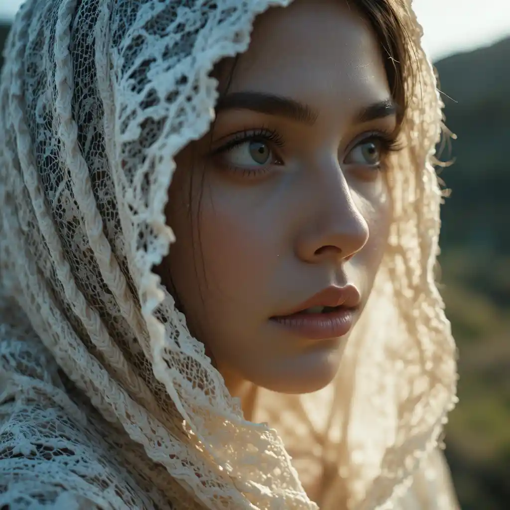 Determined woman in lace in a dramatic cinematic close up