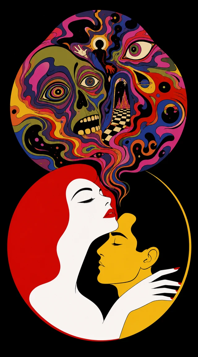 Minimalist circular portrait of a serene embracing couple
