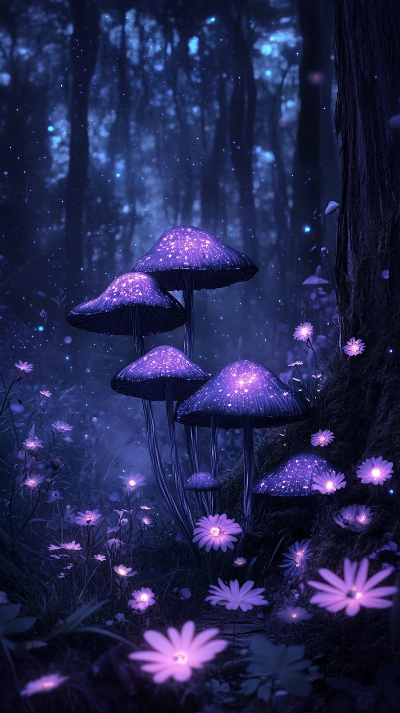 Bioluminescent Forest With Glowing Mushrooms At Night