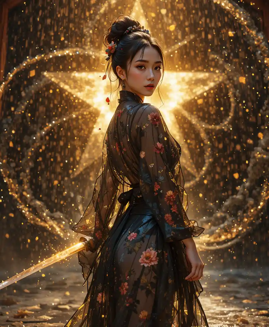 Woman with glowing katana amid golden particle curtain