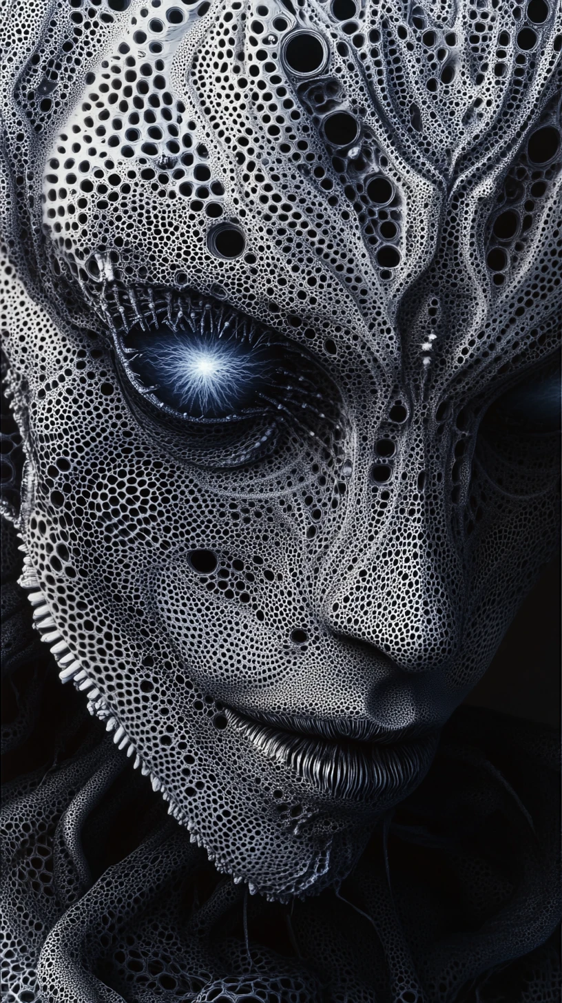 Surreal alien mandala entity with glowing cyan core eye