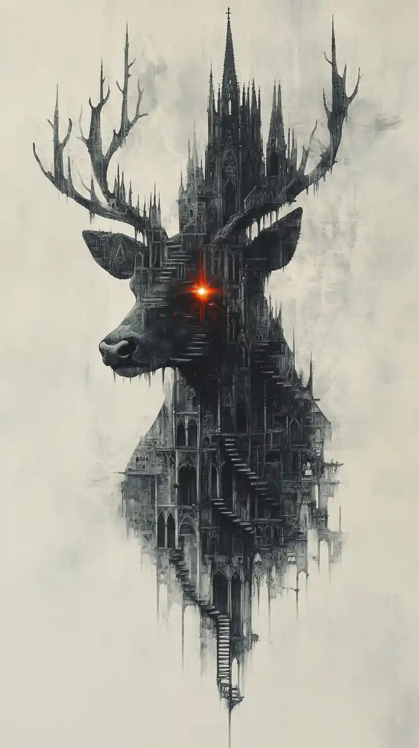 Surreal stag with cathedral antlers and glowing chest eye