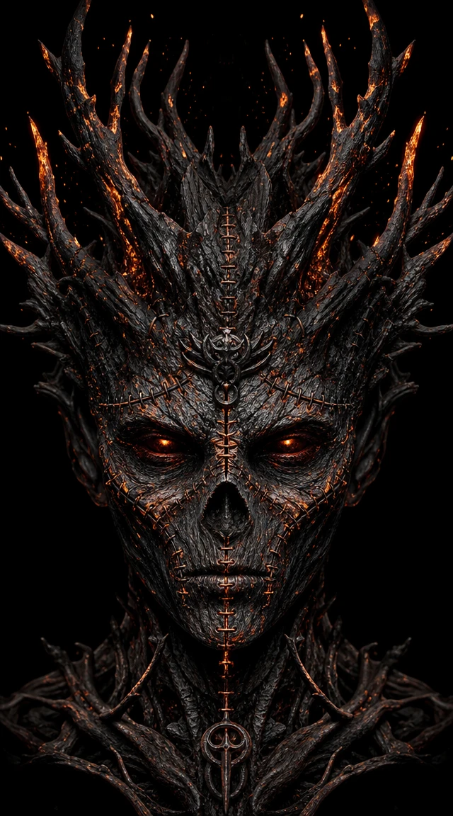 Charred skull like face with glowing ember eyes and crown