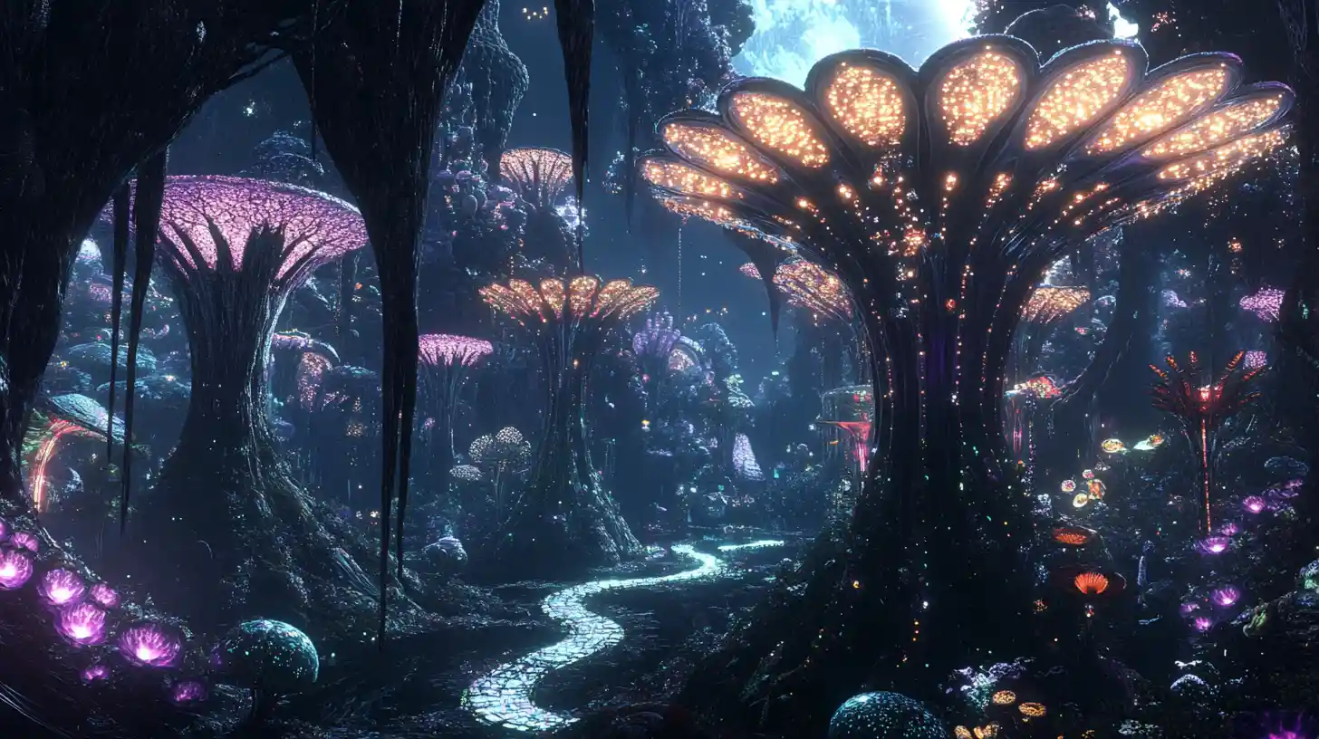 Alien garden of glowing neural flowers in the dark