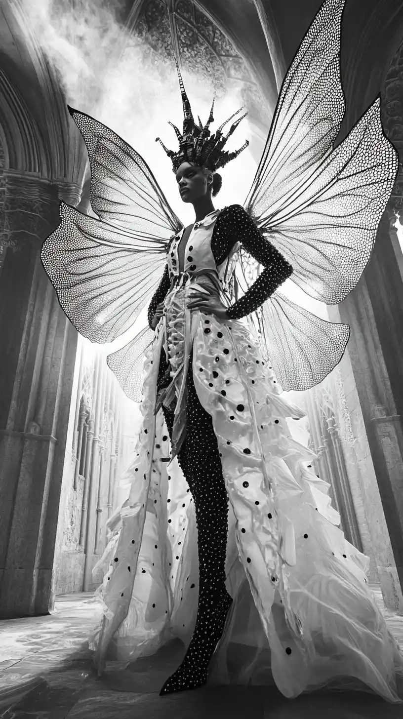 Gothic couture woman towering in surreal cathedral scene