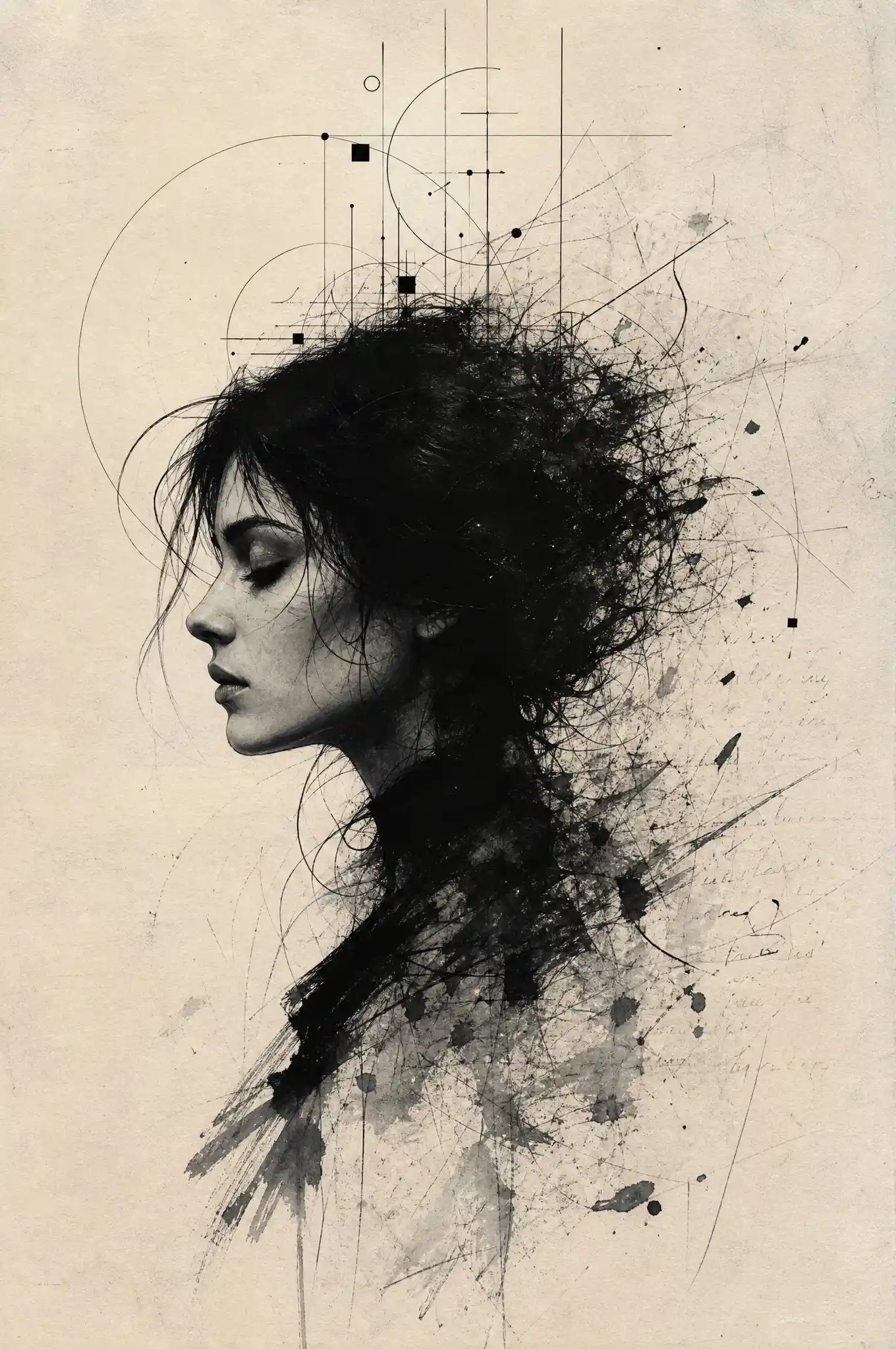 Abstract ink portrait of a woman dissolving into charcoal lines