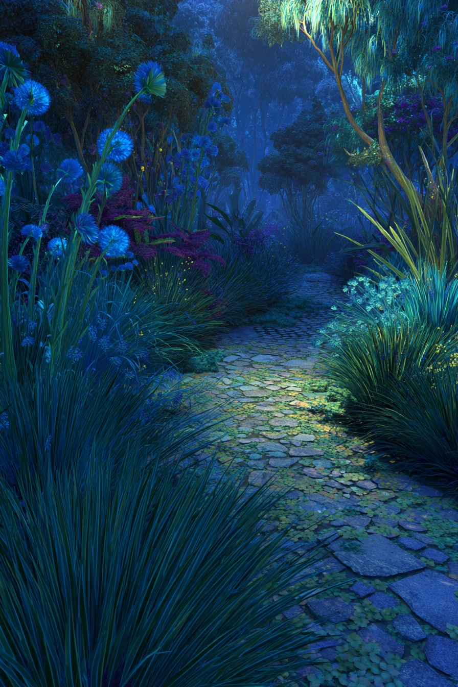 Enchanted cobblestone path through a luminous fantasy garden