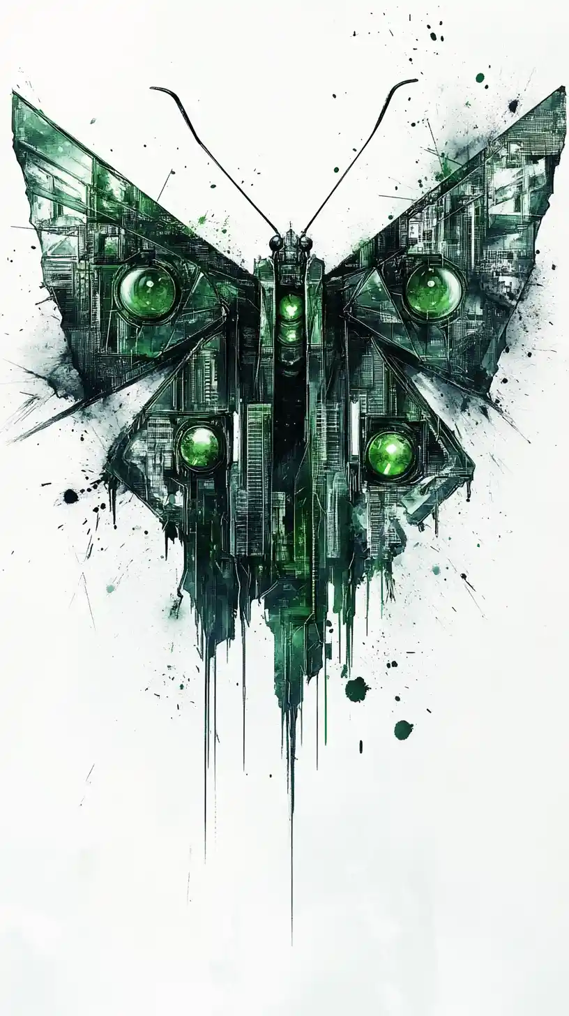 Surreal geometric moth with city crowned thorax and emerald eyes