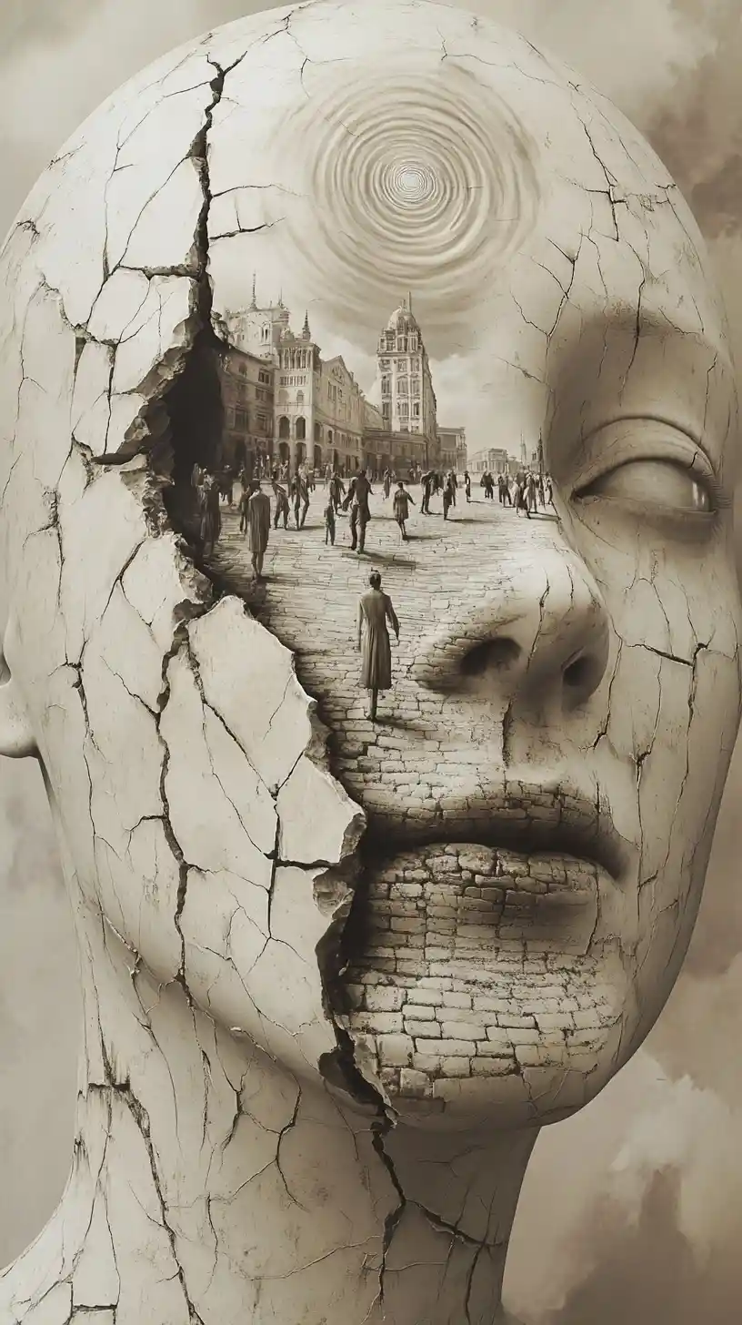 Cracked Porcelain Face Revealing Frozen City Square Below