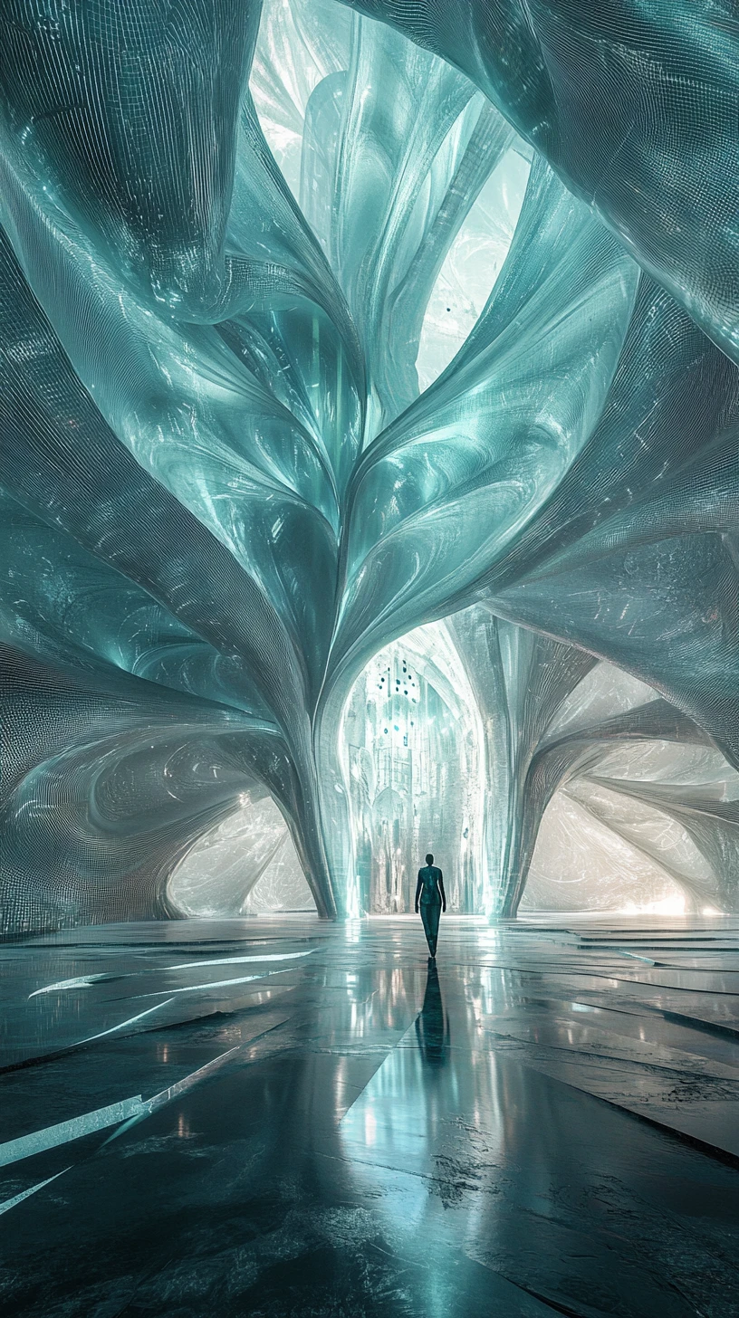 Vast digital flower like interior with towering petal structures