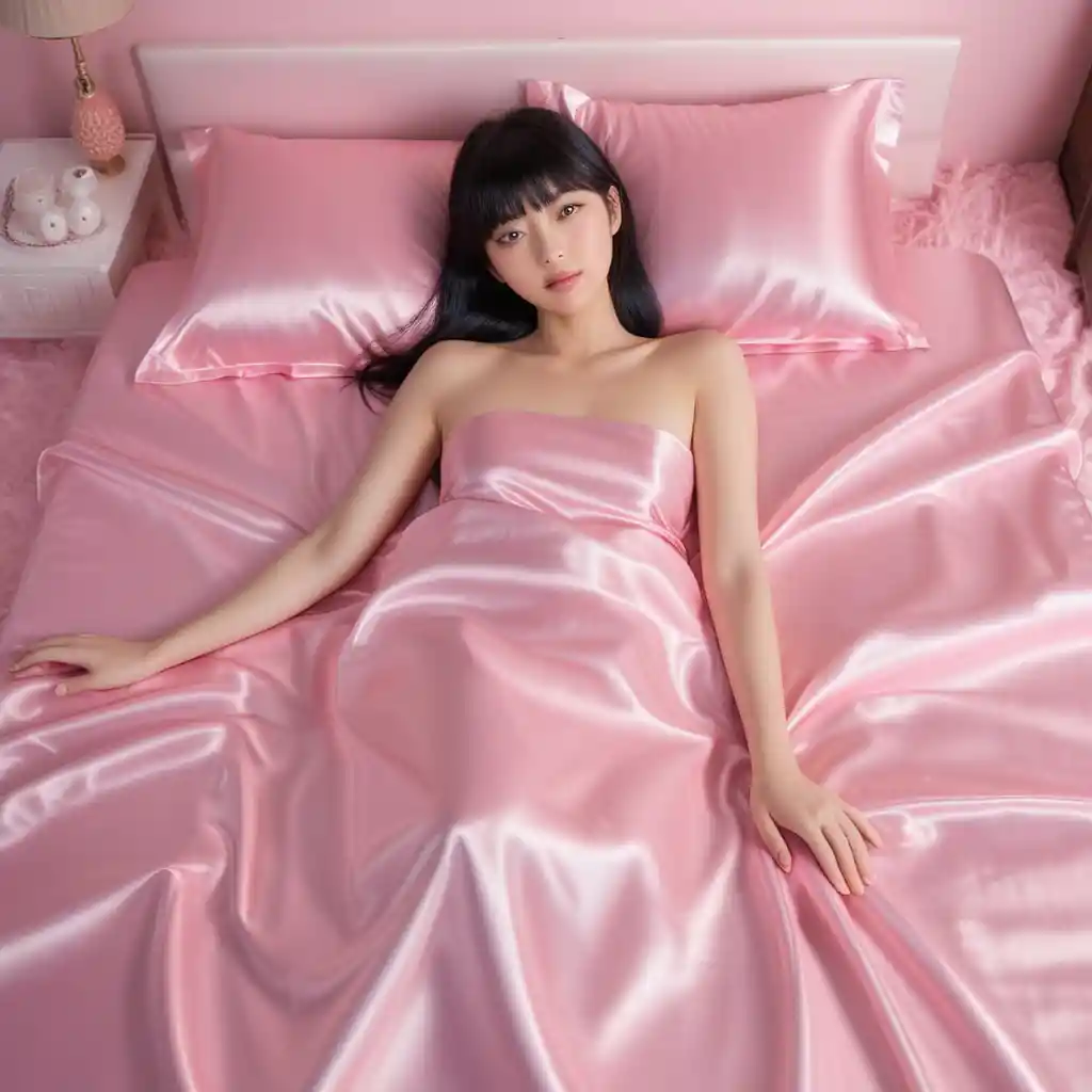 Japanese woman lying on pink satin bed sheets