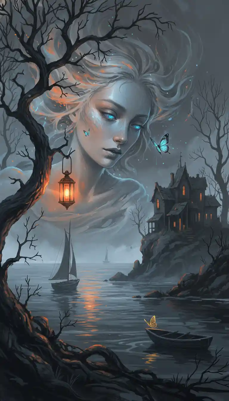 Ethereal Woman Above Gothic Mansion And Misty Sea