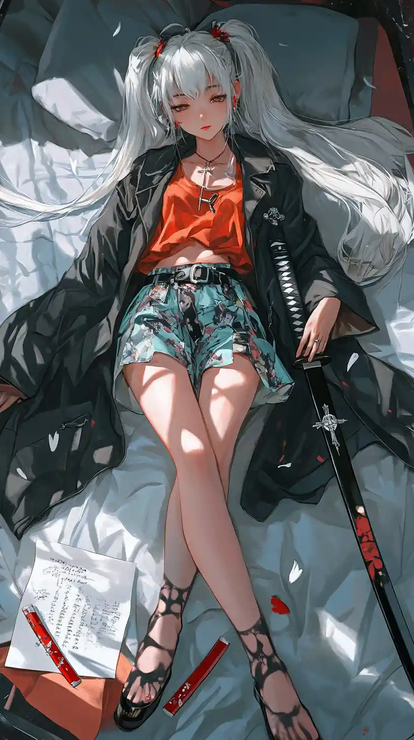 Girl resting on a bed with detailed layered clothing