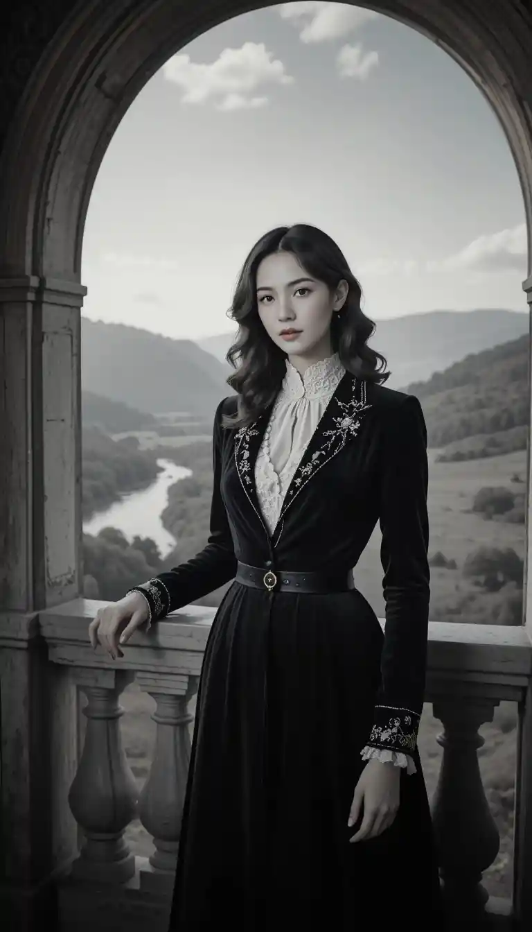 Victorian woman on marble balcony facing the camera