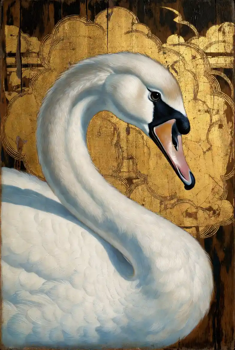 Tempera painting of a white swan with gold cloud background