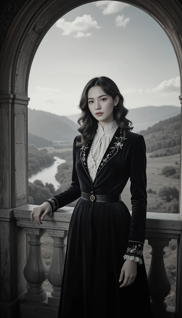 Victorian woman on marble balcony facing the camera