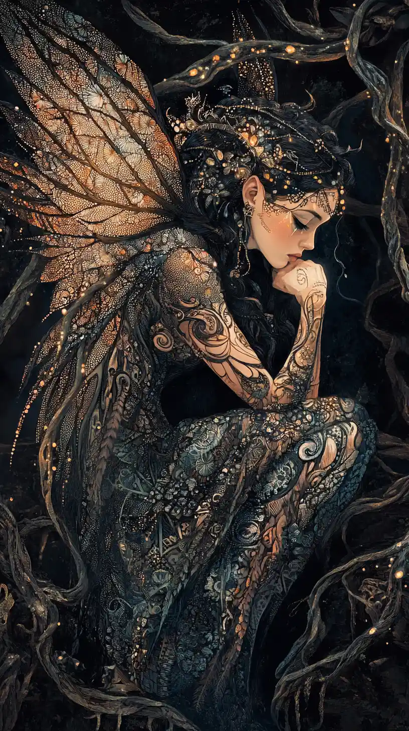 Fairy With Geometric Wings In A Dark Enchanted Forest