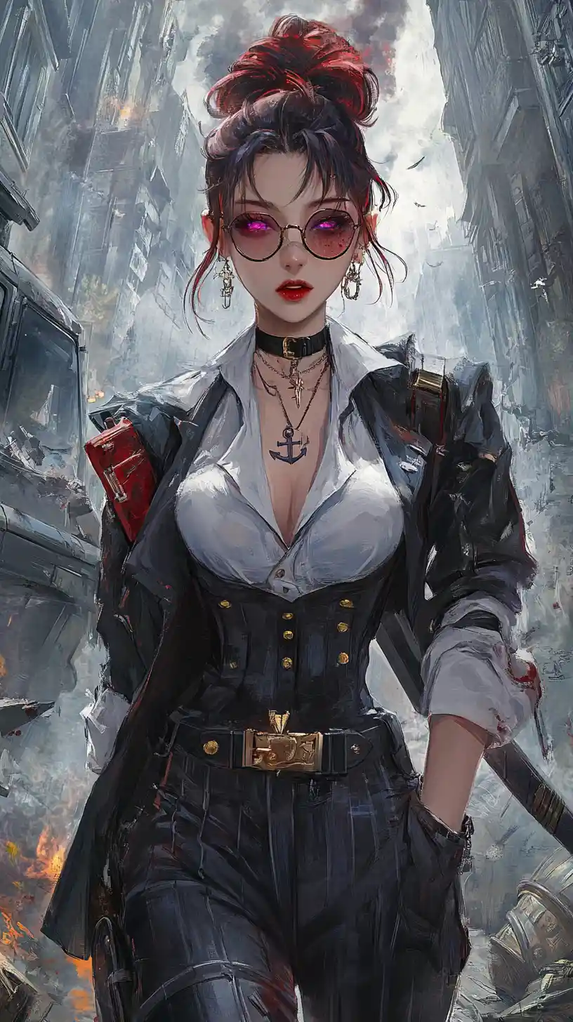 Exhausted girl with pistol in ruined post apocalyptic city