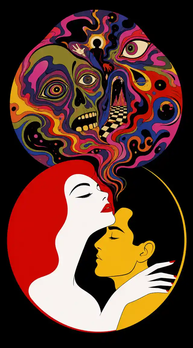 Minimalist circular portrait of a serene embracing couple