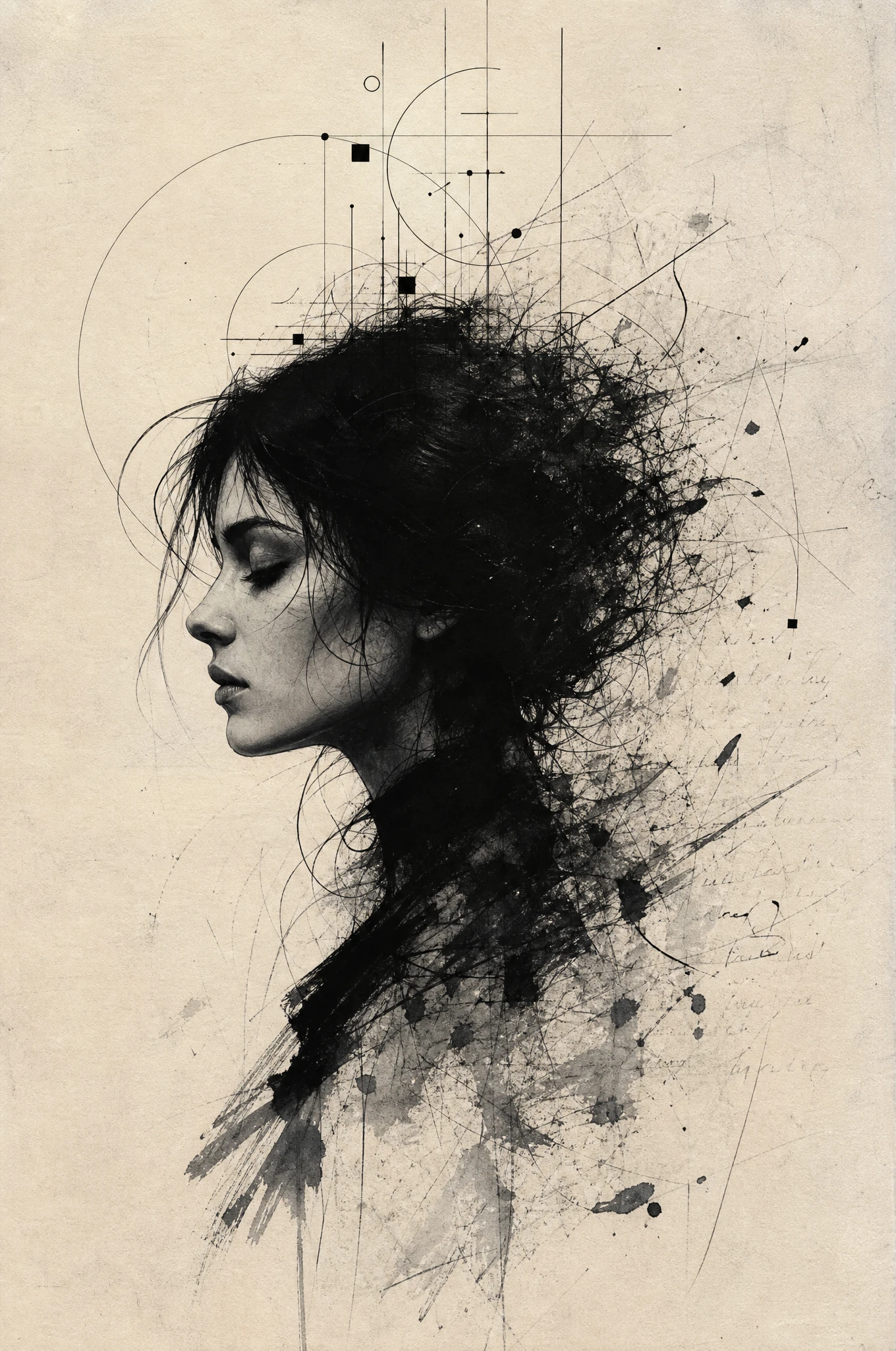 Portrait abstrait à l’encre d’une femme se dissolvant en traits de fusain