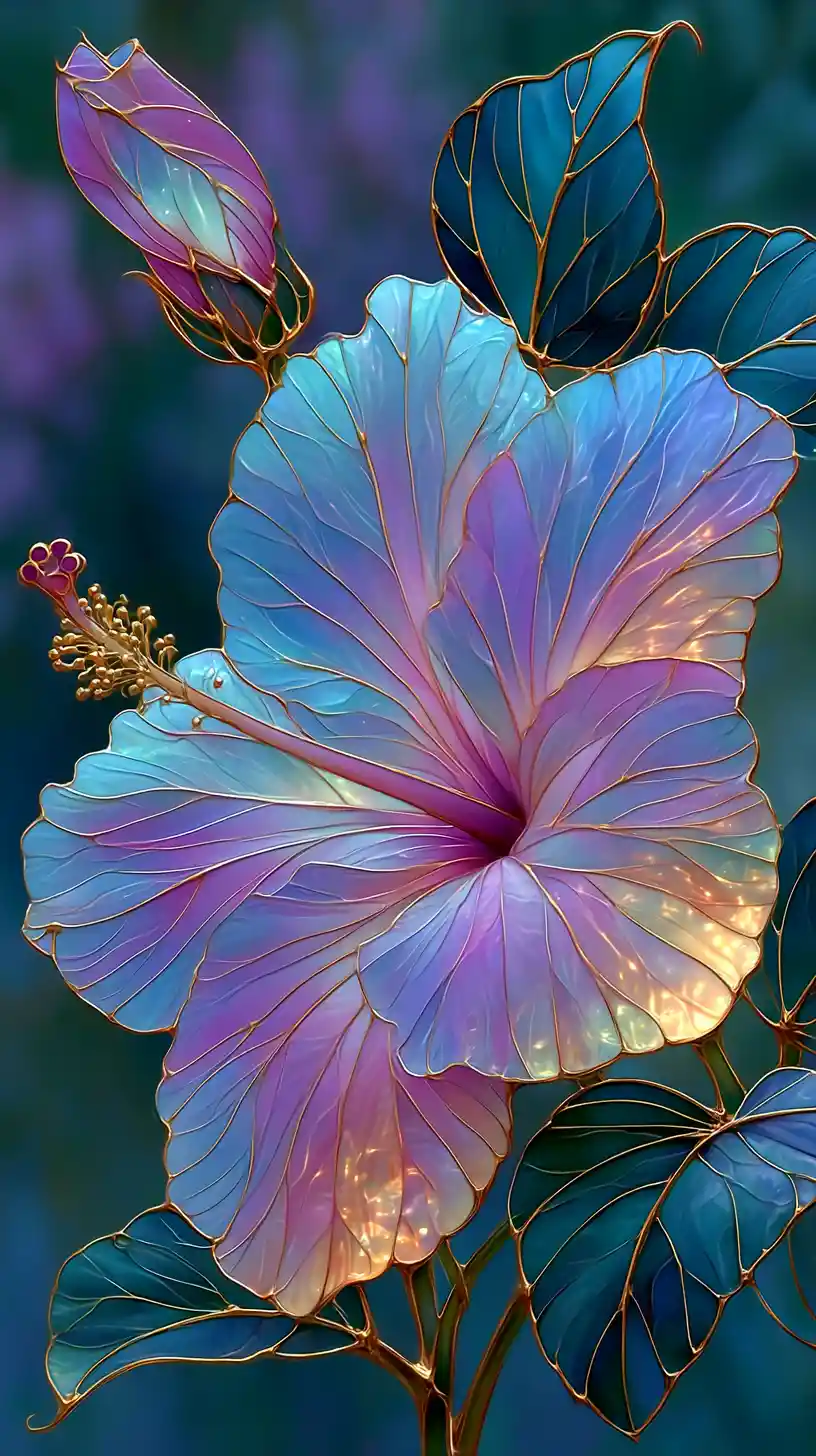 Stained glass hibiscus with soft pastel translucent gradients