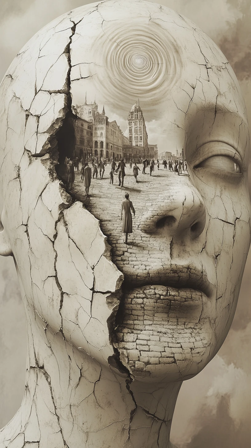 Cracked Porcelain Face Revealing Frozen City Square Below