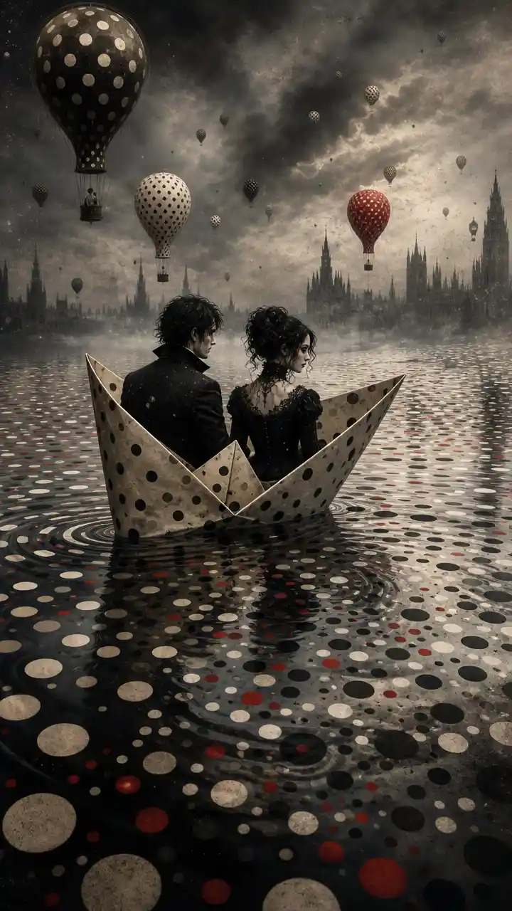 Gothic couple sailing a paper boat on reflective dotted water