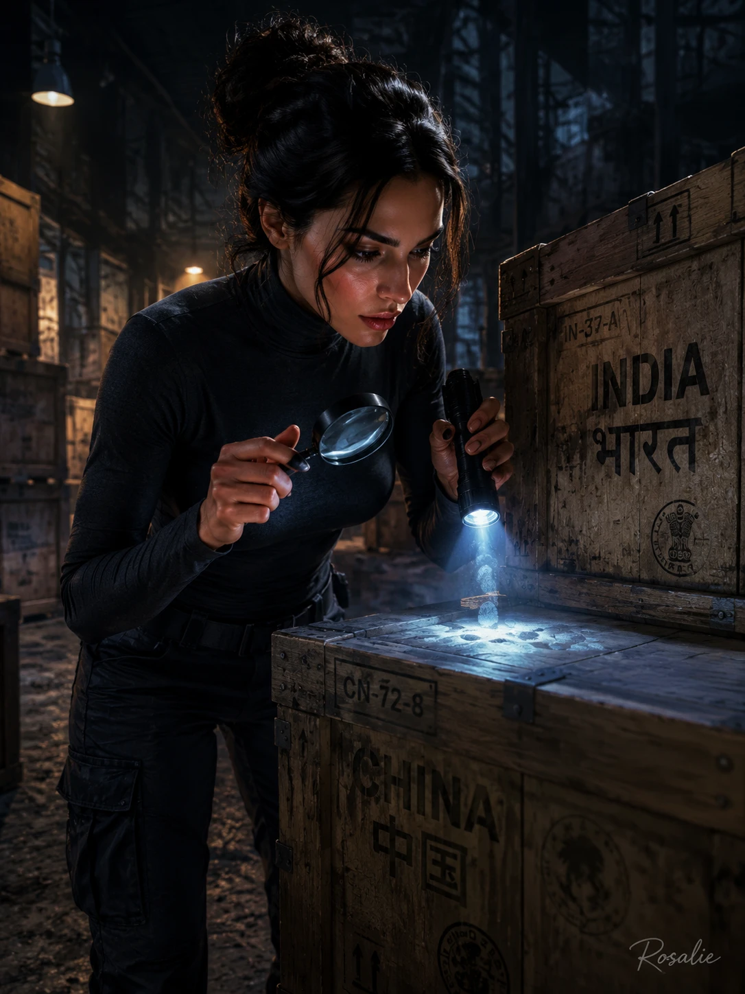 Italian spy inspecting cargo crates in dark warehouse