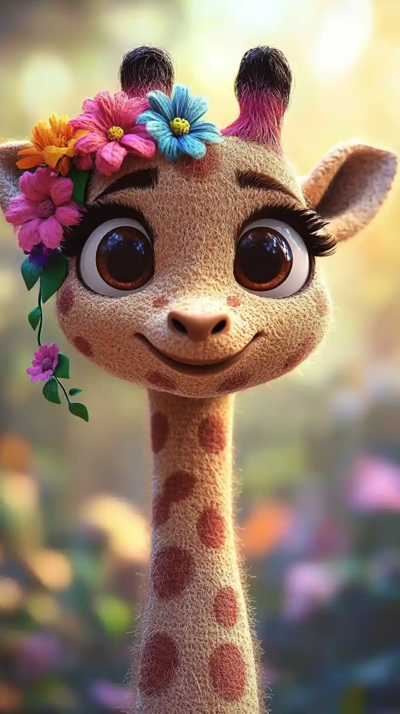 Joyful cartoon giraffe portrait with colorful flowers and bokeh