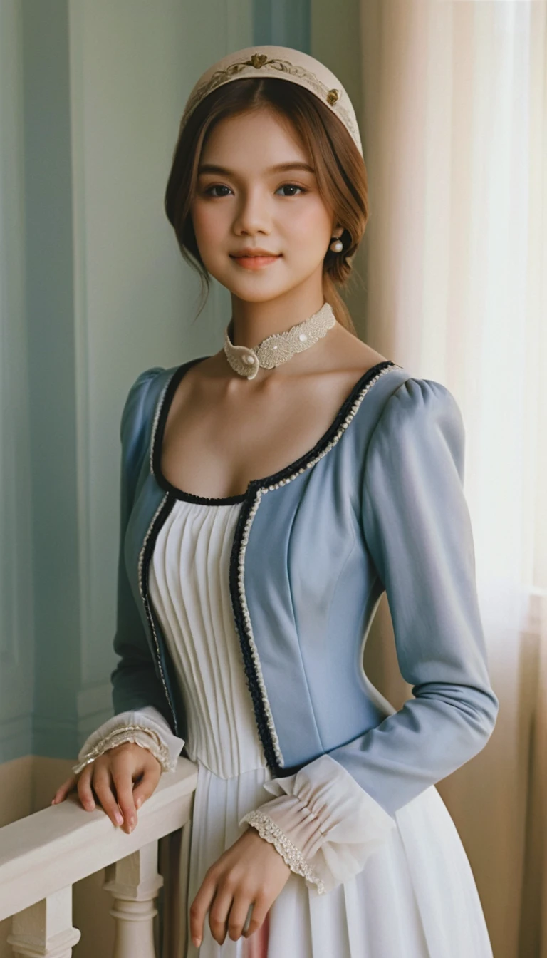 Young woman in Victorian dress by a sunlit balcony