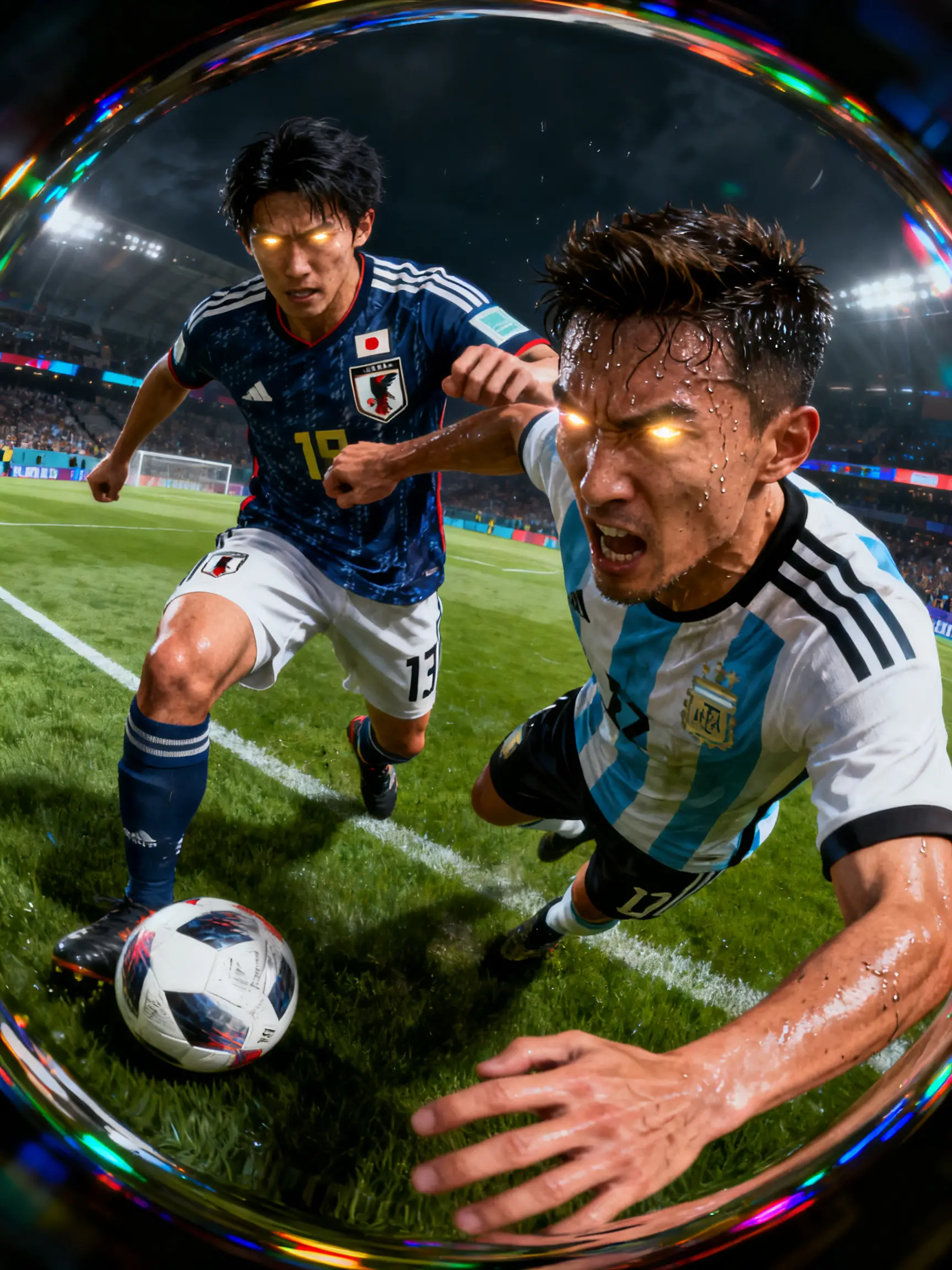 Intense clash between soccer players on dark game field
