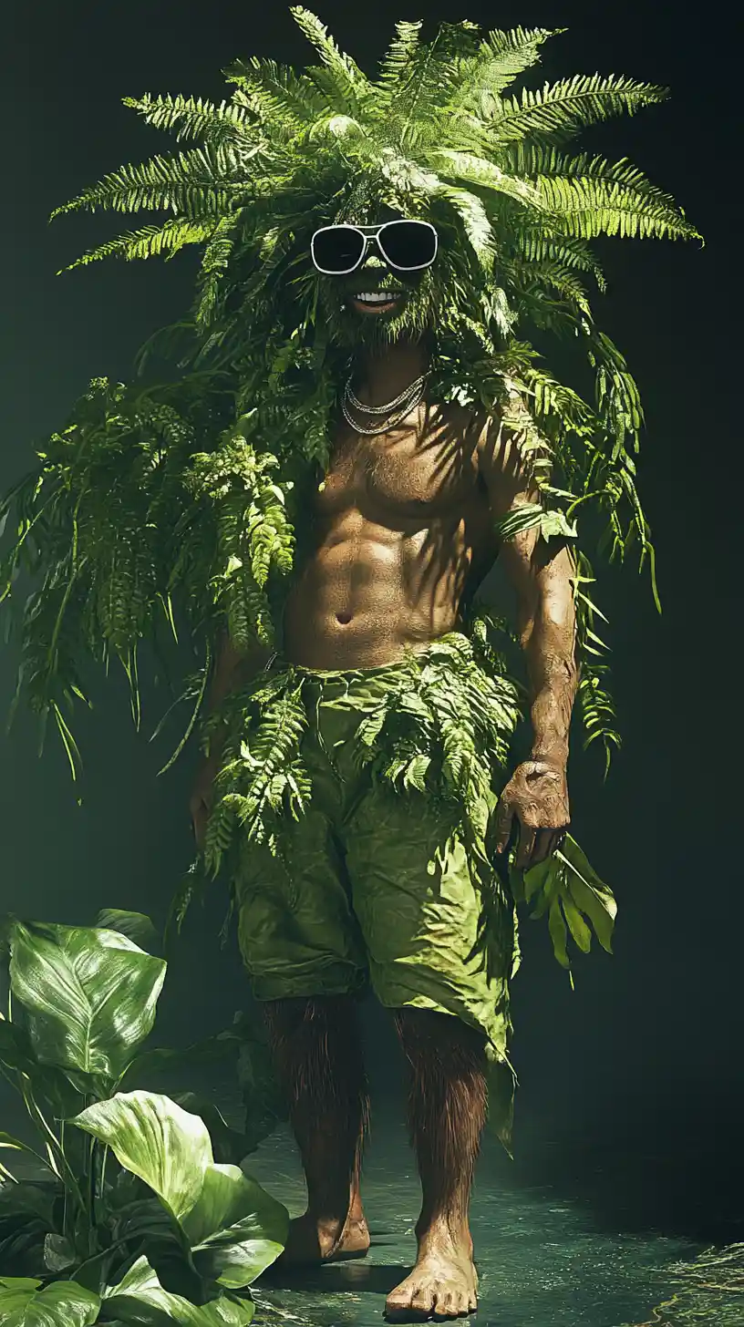 Anthropomorphic fern with sunglasses and masculine smile