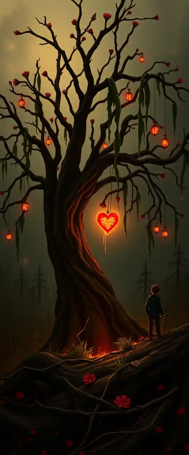 Man confronts the broken wish granting forest tree at night
