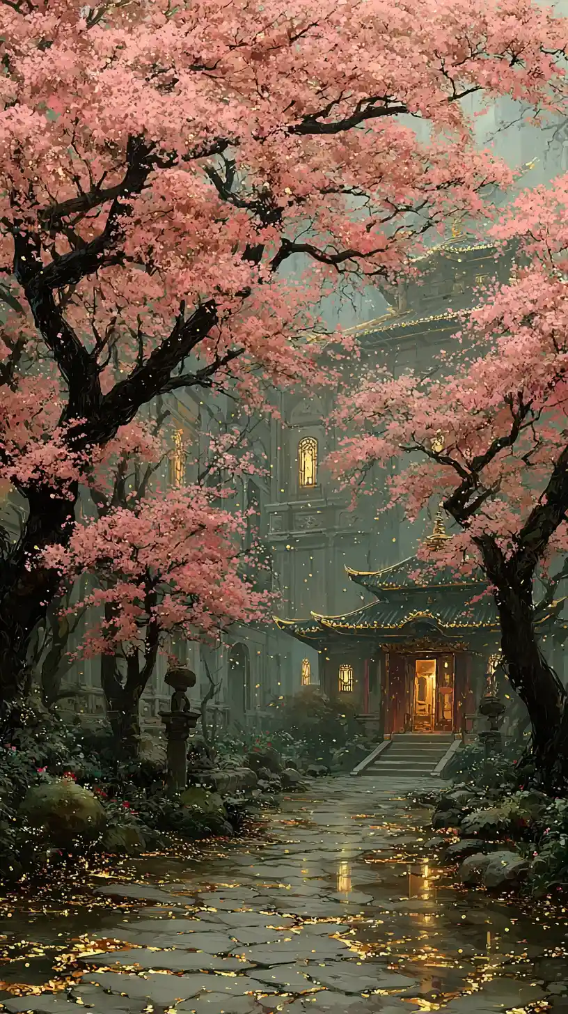 Cherry blossoms in full bloom along a tranquil forest path