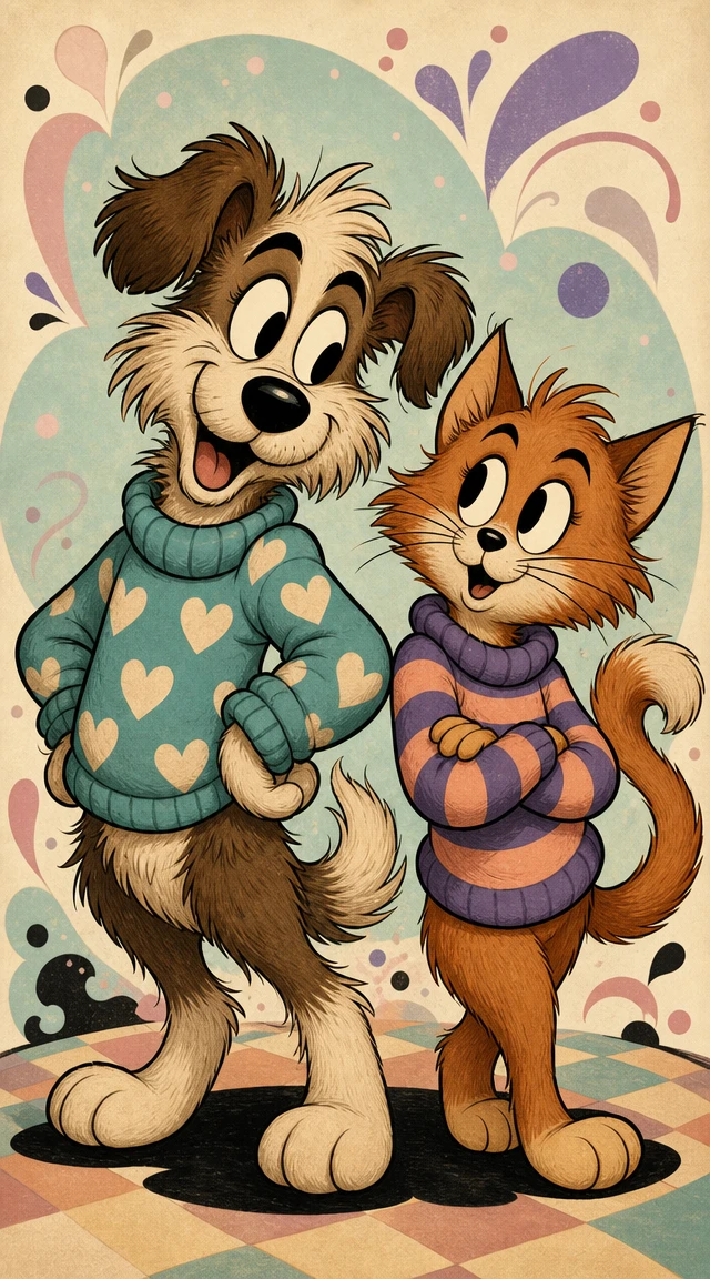Cartoon dog and cat in colorful sweaters with pastel background