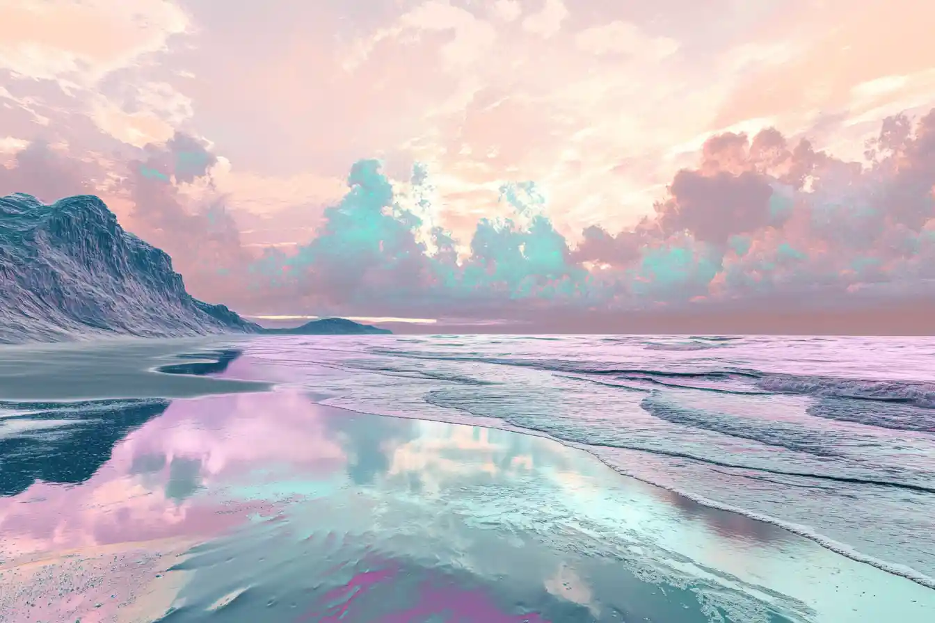 Surreal serene beachside in pastel metallic colors
