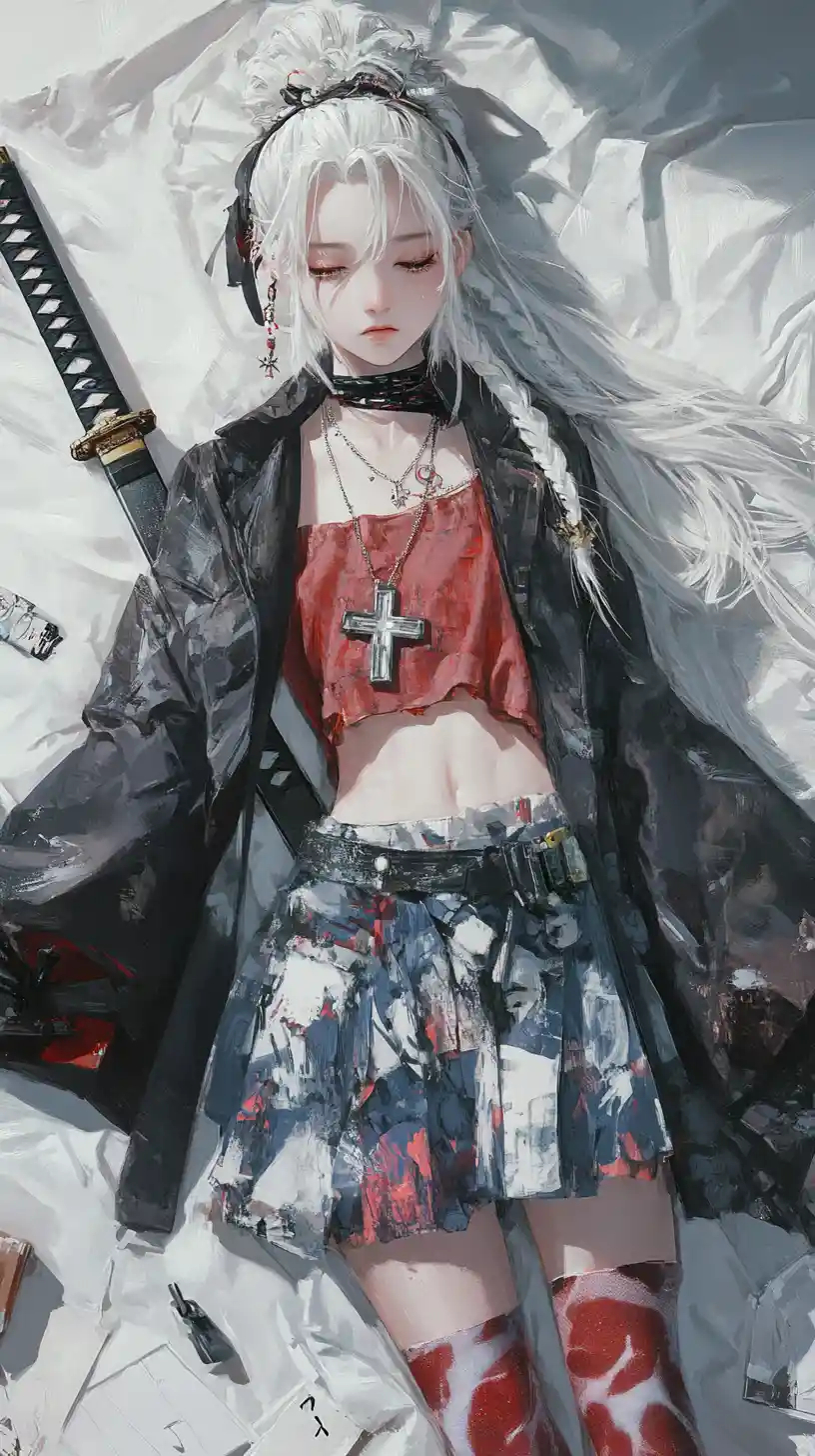 Girl resting on a bed with detailed layered clothing