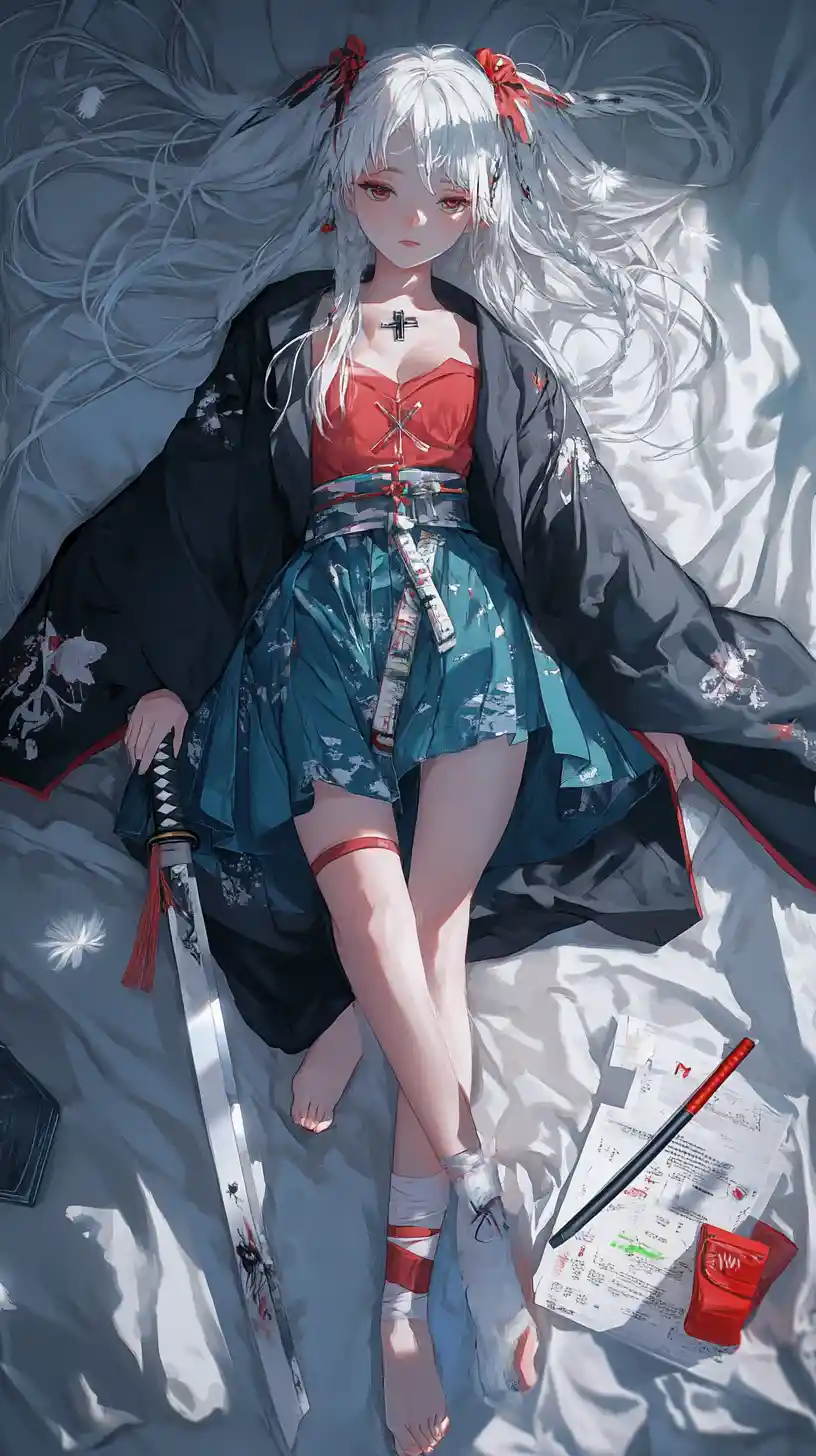 Girl with ornate outfit resting on a large bed