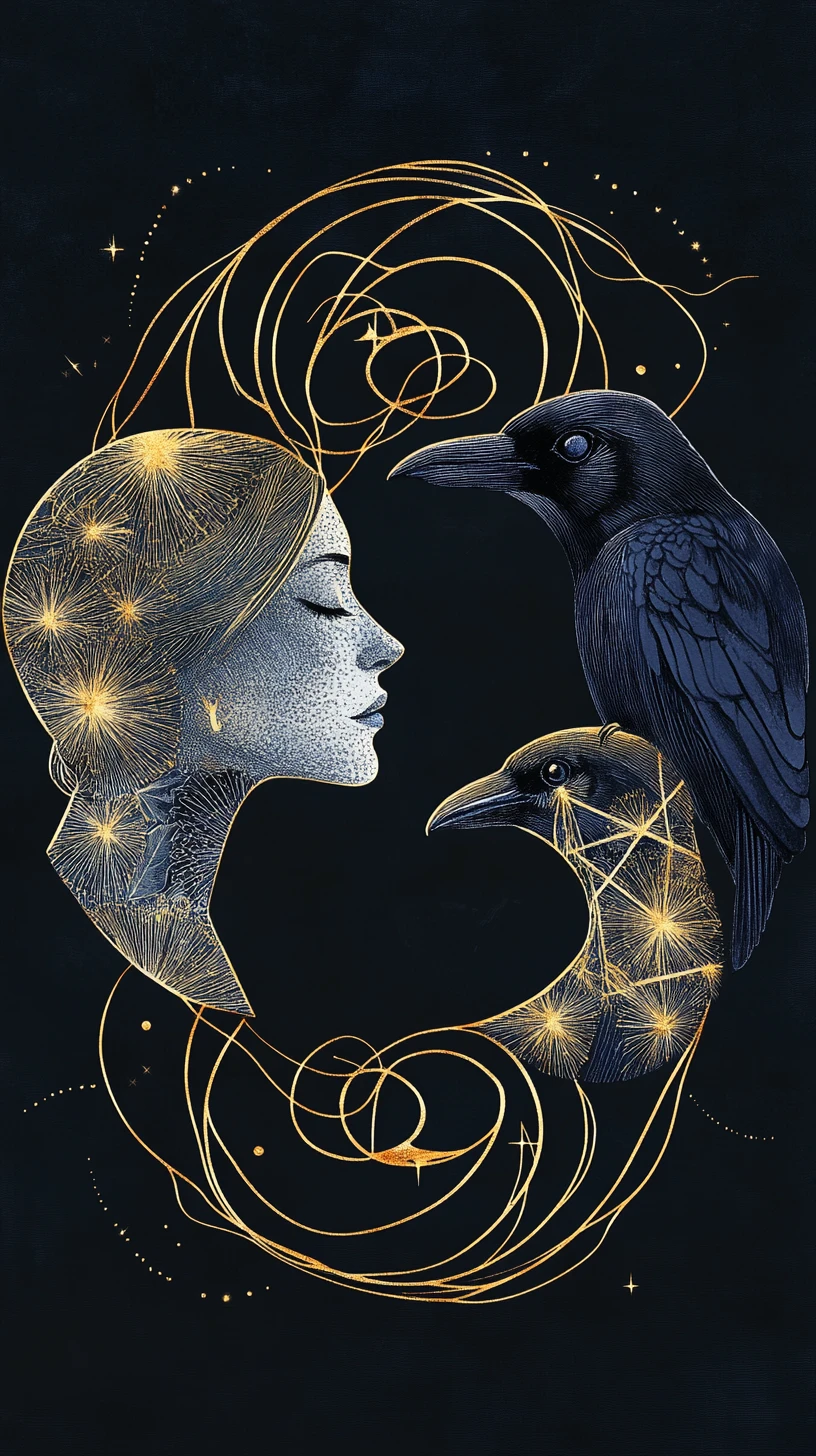 Femme et corbeau entremêlés dans une composition ornementale en miroir