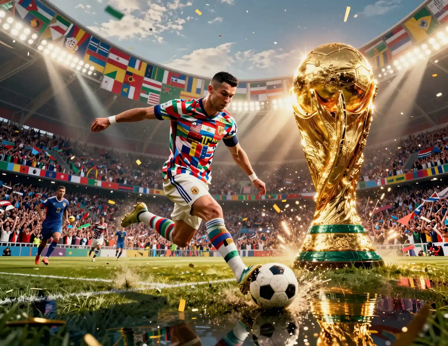 Soccer superstar striking the ball in a packed stadium